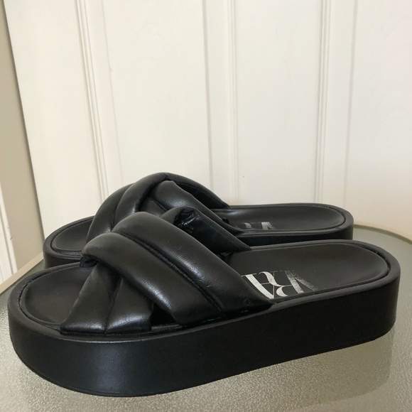 Zara Shoes - ZARA Black Quilted Platform Leather Slides Size 9